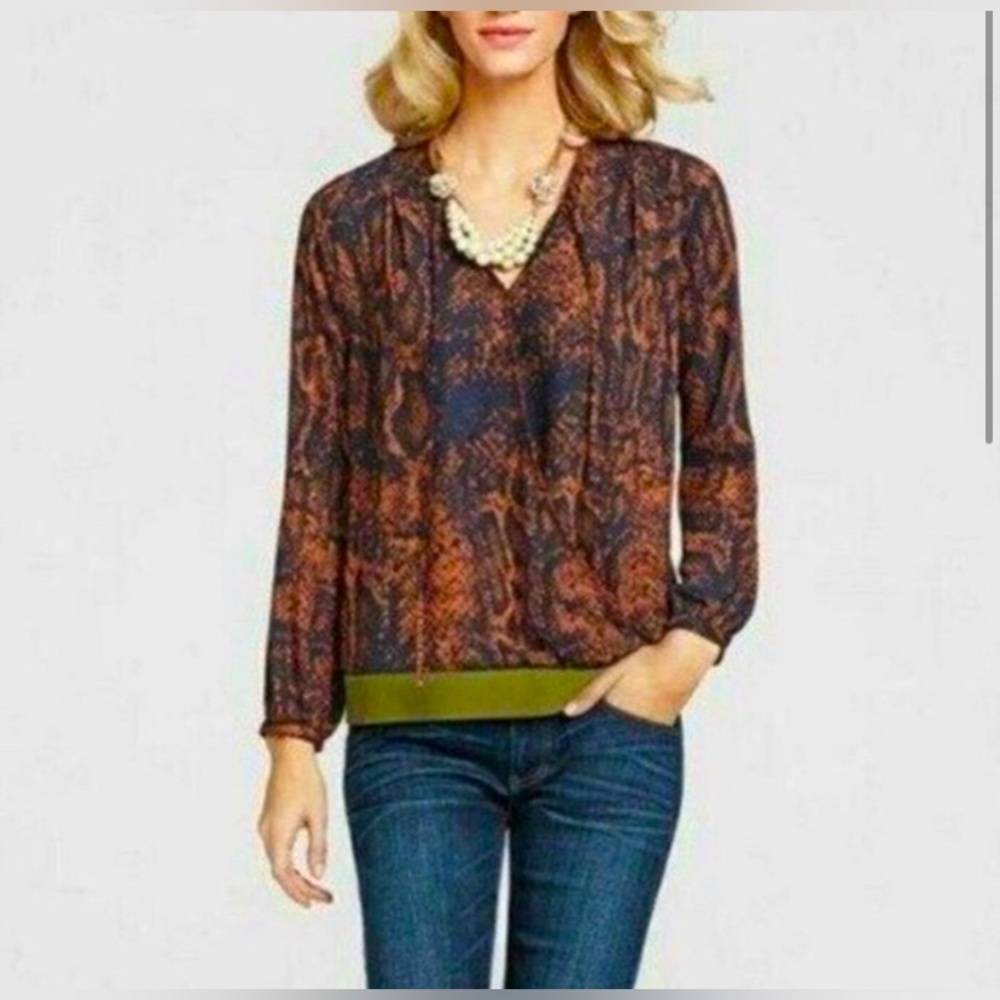 Cabi | Python Print Border Wrap Blouse Navy Rust … - image 1